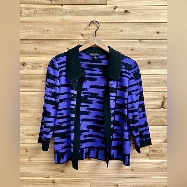 Ming Wang Size Small Purple Black Open Front 3/4 Sleeve Acrylic Cardigan