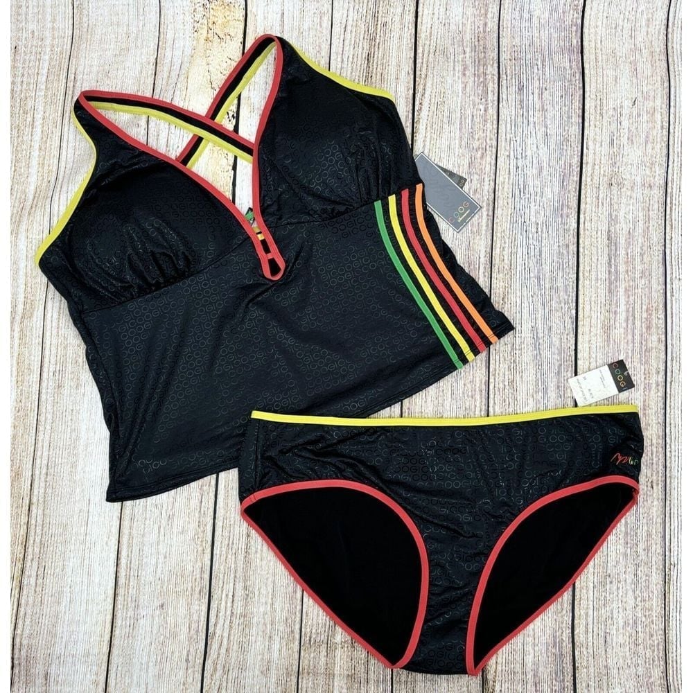 NEW Coogi Tankini Swimsuit Womens Plus Size 3X Black Multi 2 Piece MSRP 158