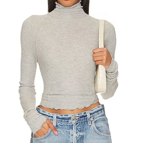 Free People Intimately Gray Waffle Knit Turtleneck Top
