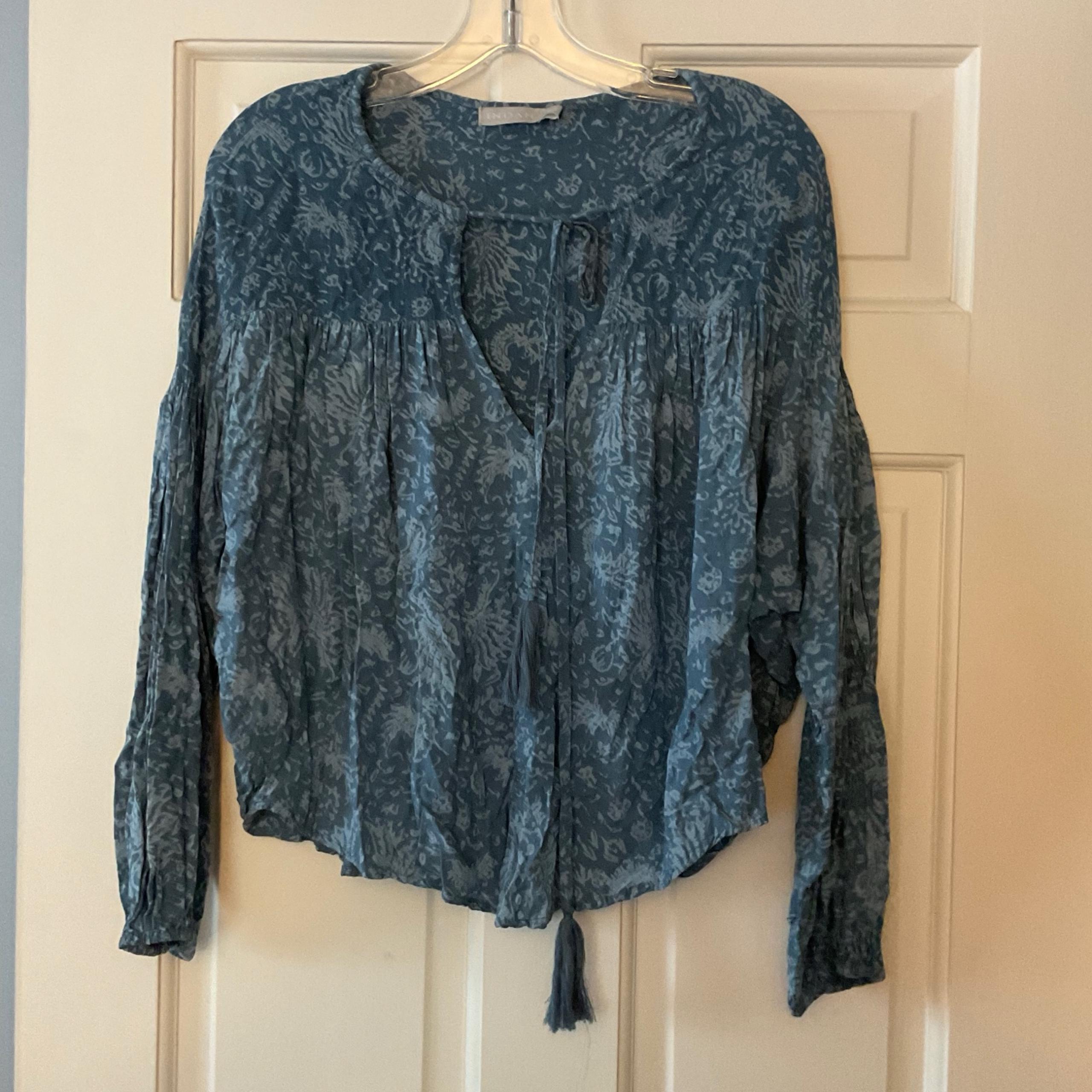 Indah Blue Floral Blouse Tasssels Tie Neck Size XS Lightweight Boho Peasant