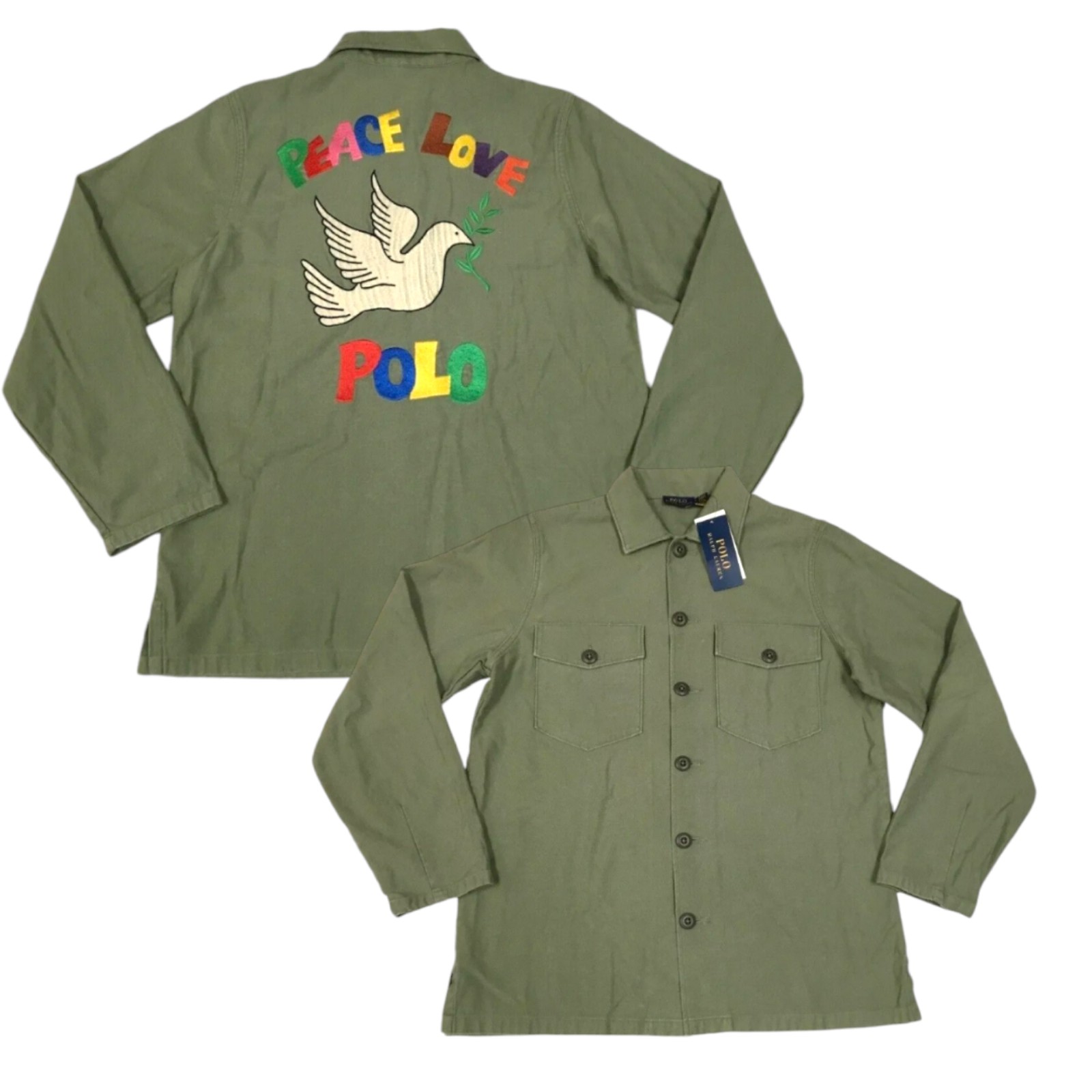 Polo Ralph Lauren Cotton Embroidered Military Army Shirt Jacket Peace Love Polo