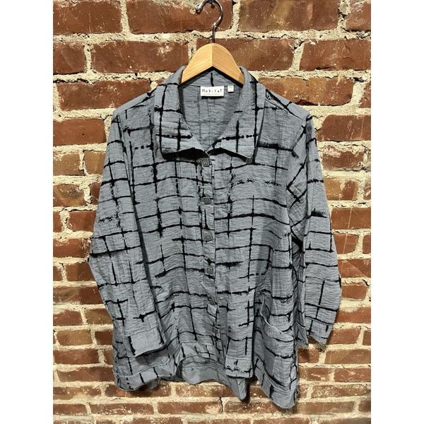 Vintage Habitat Womens Gray Long Sleeve Button Up Shirt Geometric Pattern Size L
