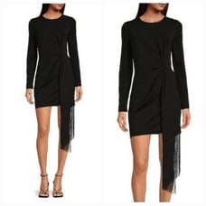 Badgley Mischka Belle Harley Crepe Fringe Crew Neck Long Sleeve Sheath Dress 4