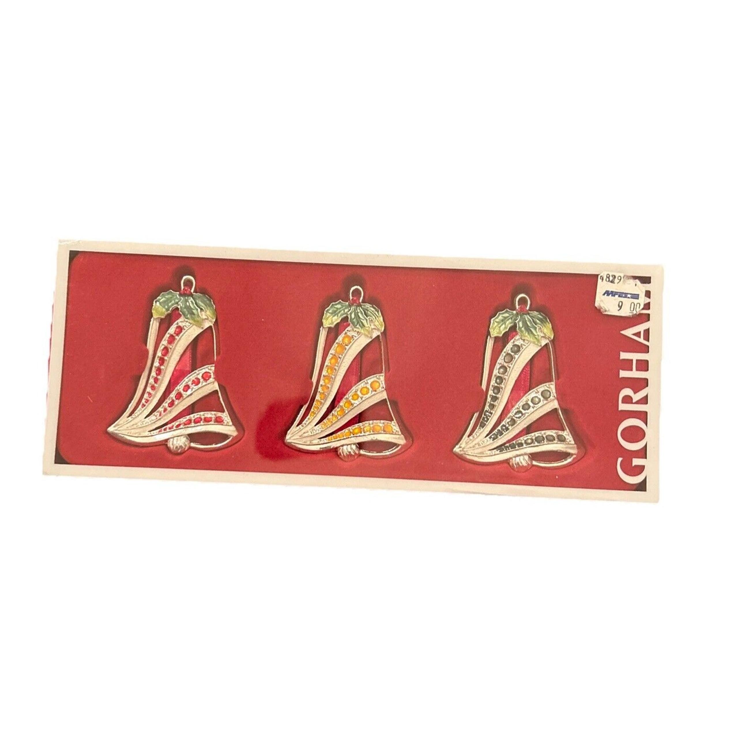 Gorham Silver Bells Red Blue Yellow Christmas Ornaments -All three