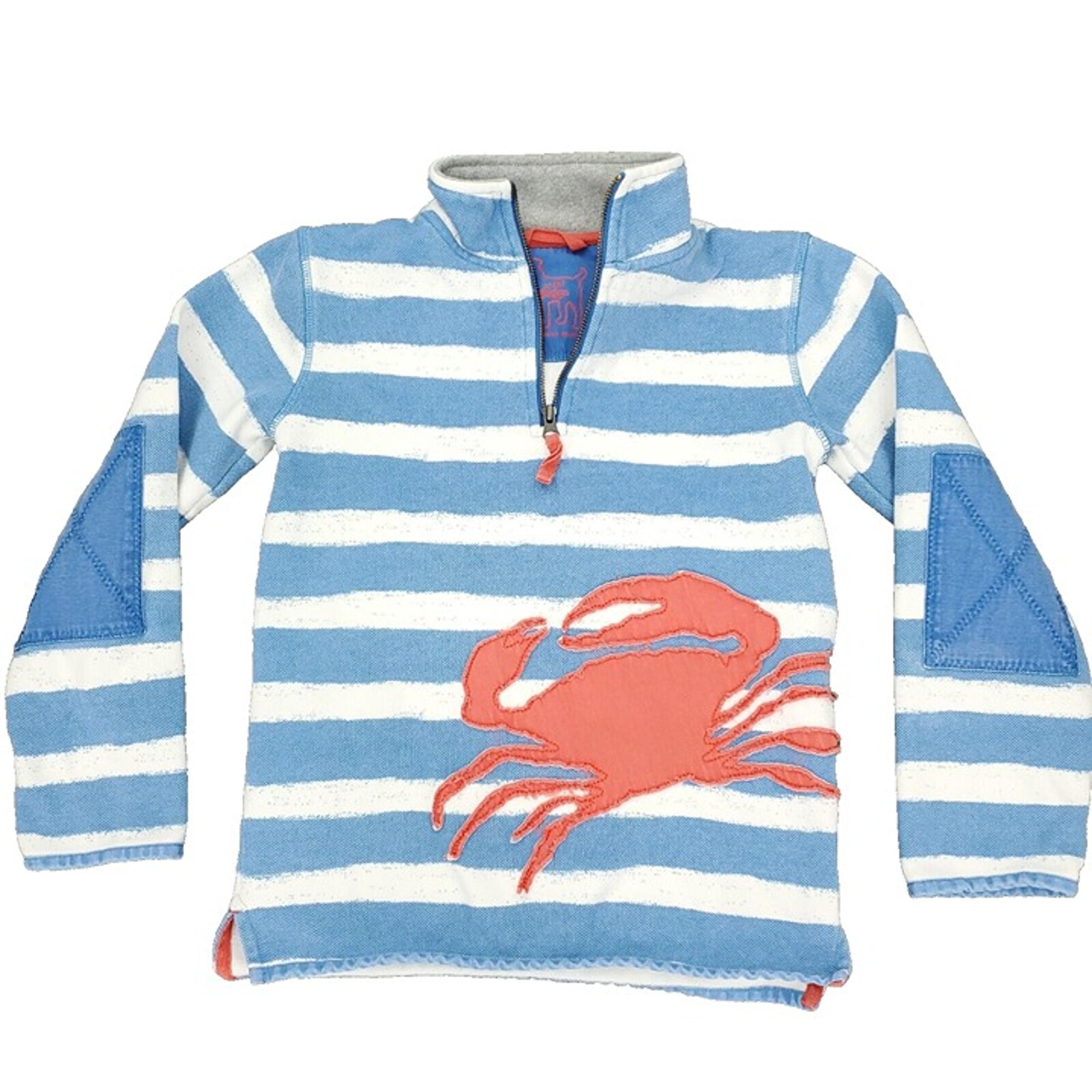 Mini Boden 1/4 Zip Pullover Sweater Boys 9-10Y Blue White Crab Striped Patch