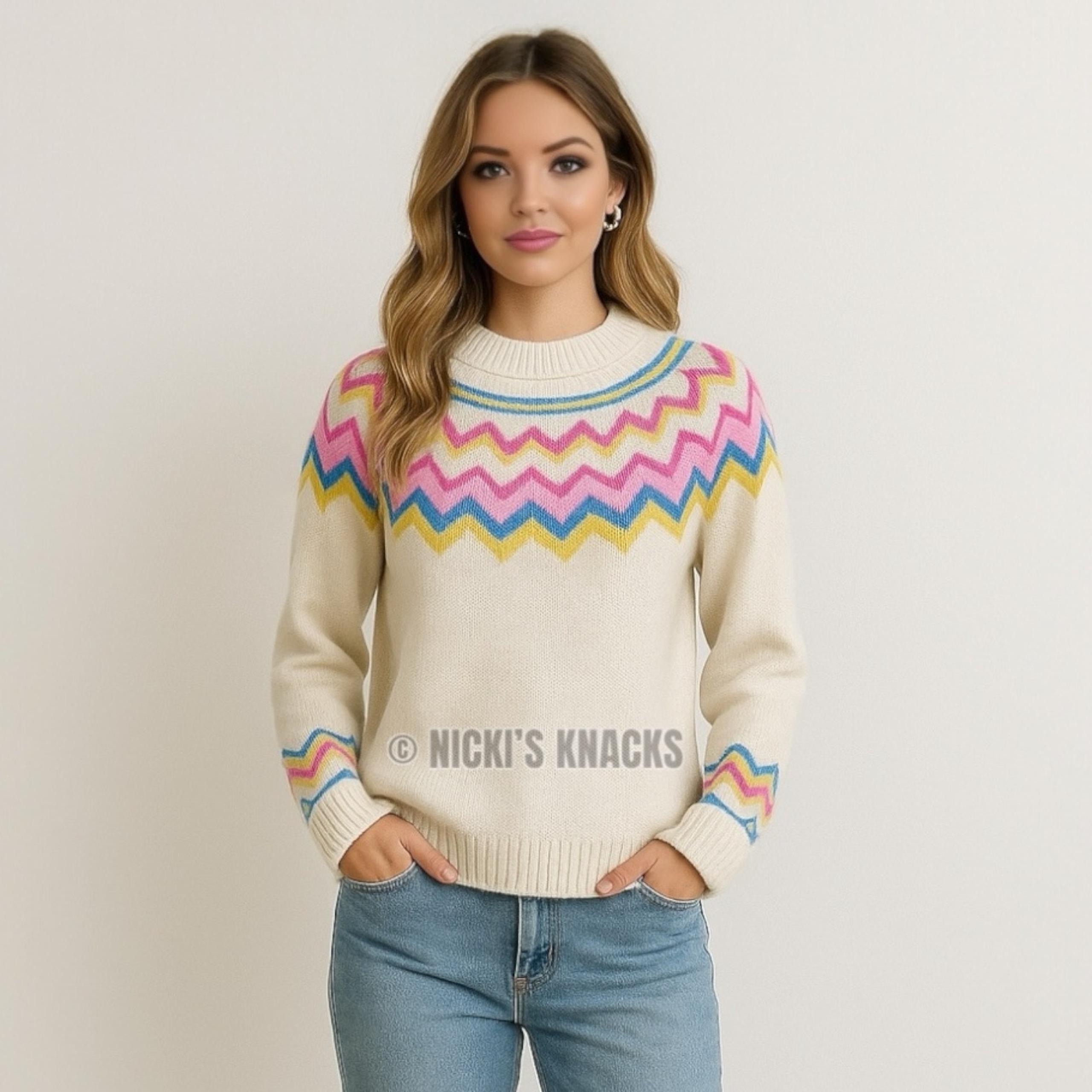 Vince Camuto Fair Isle Mock Neck Sweater Cream Multicolor Knit Pullover Size S