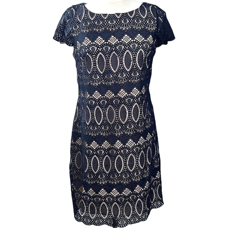 Eliza J Nude Illusion Lace Overlay Sheath Dress SIZE 8 Wedding Spring Cocktail