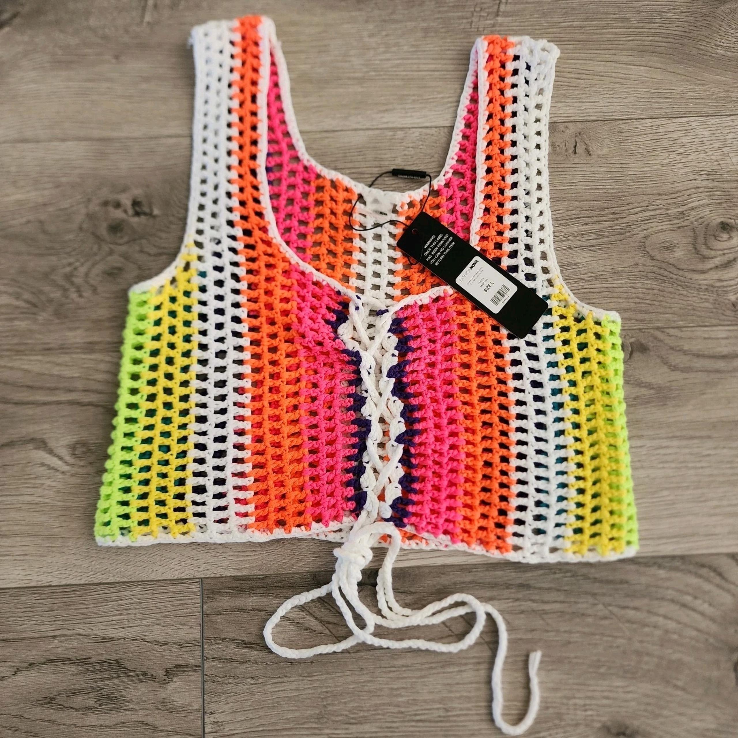 Fashion Nova Women's Crochet Cover Up Top Front Tie Multicolor Size L Summer NWT