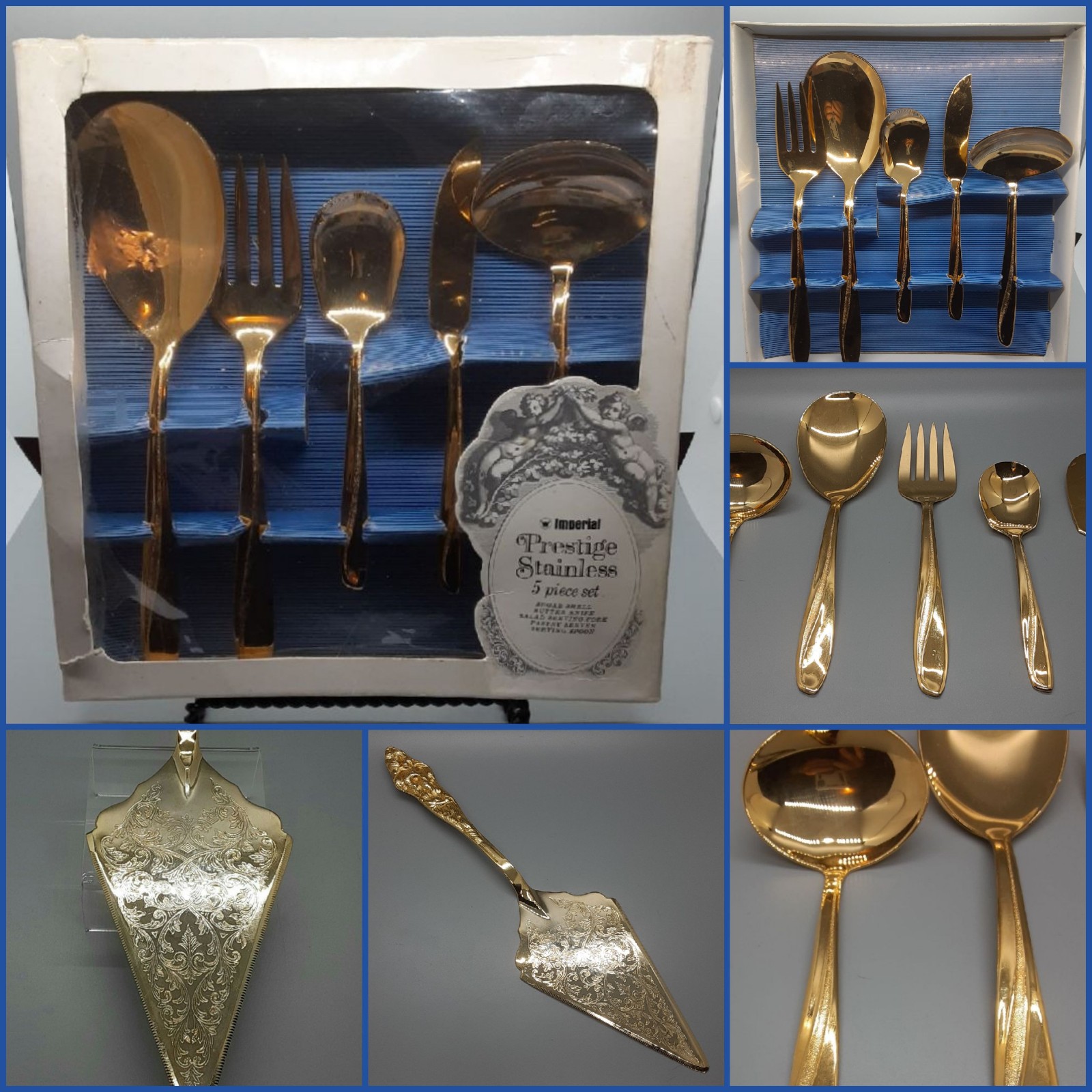 Vtg. Imperial Prestige Goldtone Stainless Steel Dinnerware 5pc Serving Set+Bonus