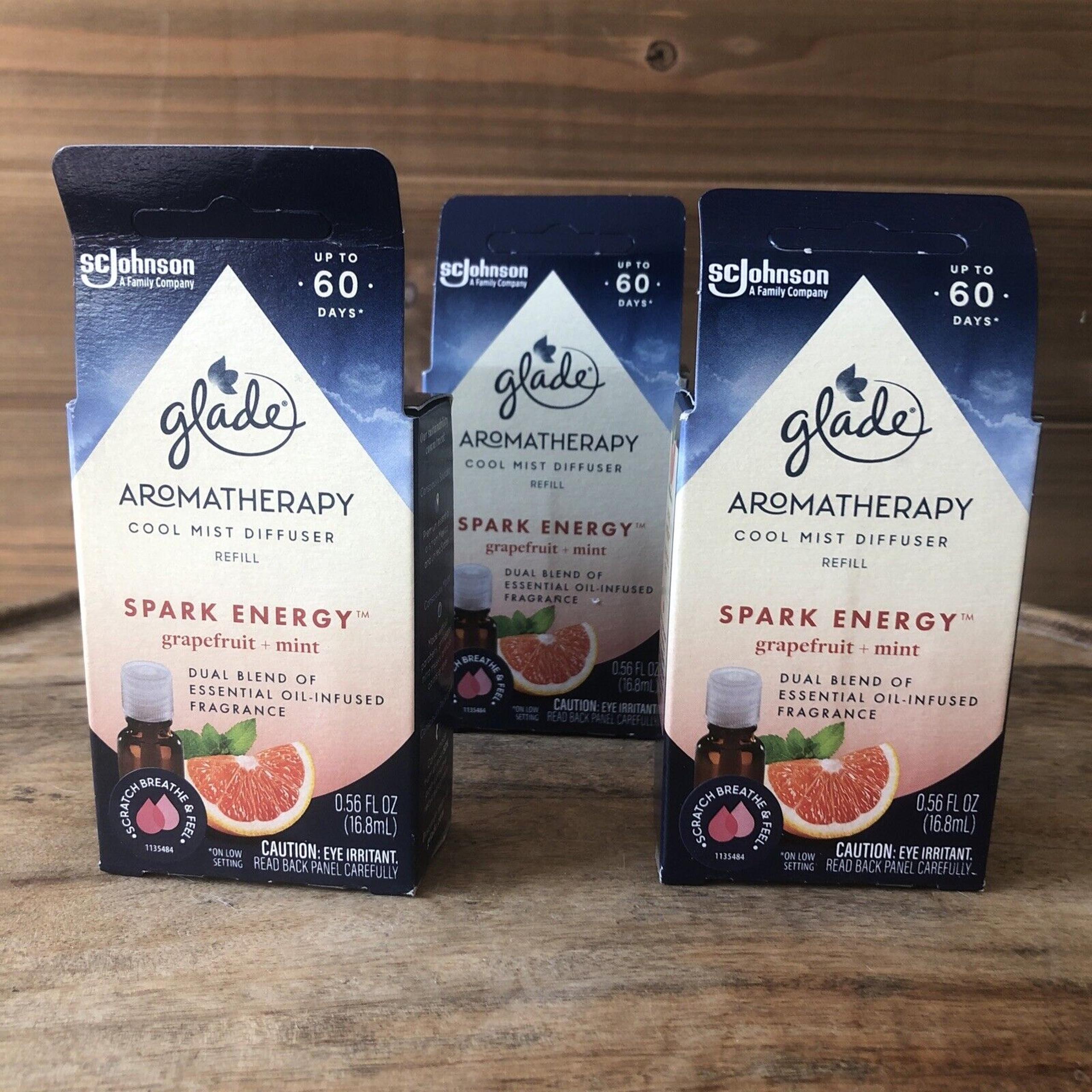3 Glade Aromatherapy Spark ENERGY Cool Mist Diffuser Refill Grapefruit Mint New