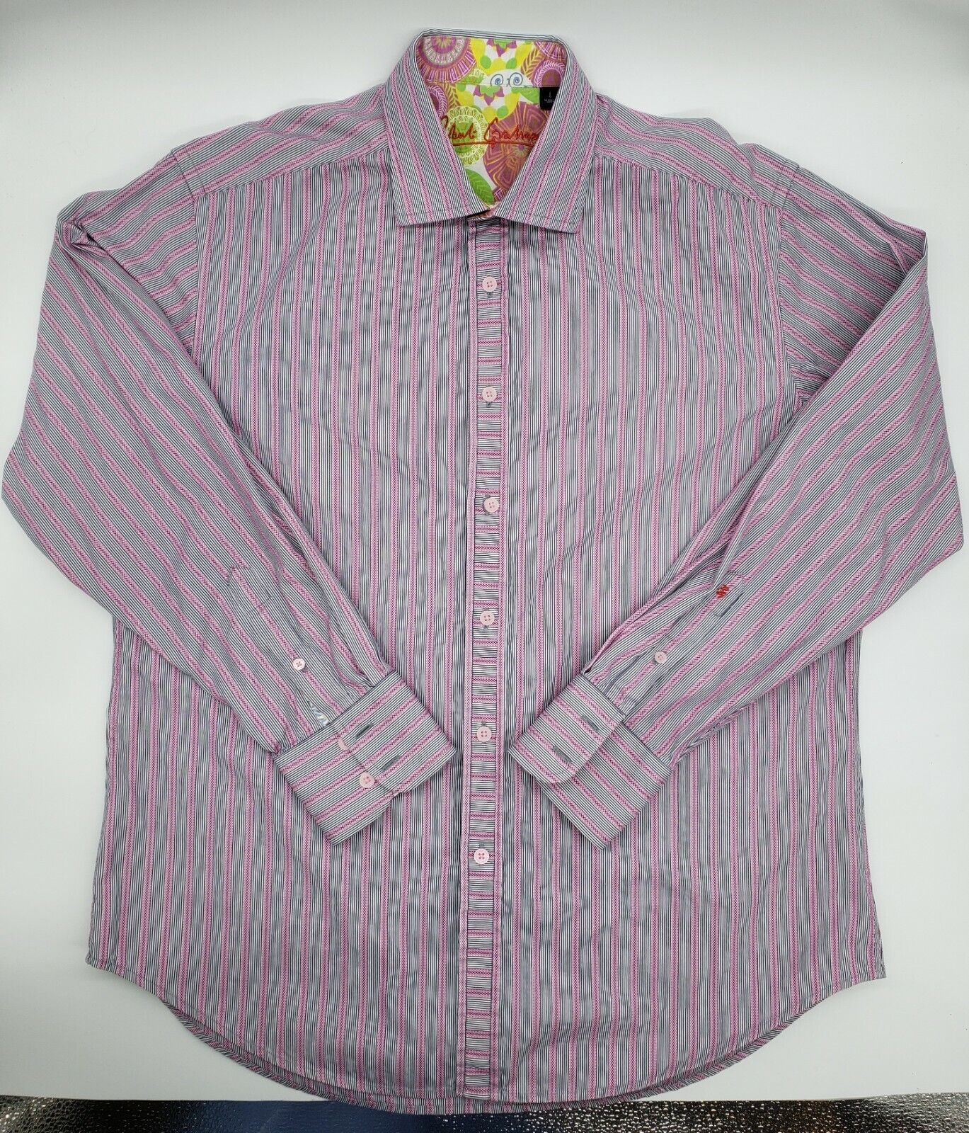 Robert Graham SIZE LARGE Button Down Flip Cuff Shirt Grey And Pink Stripes