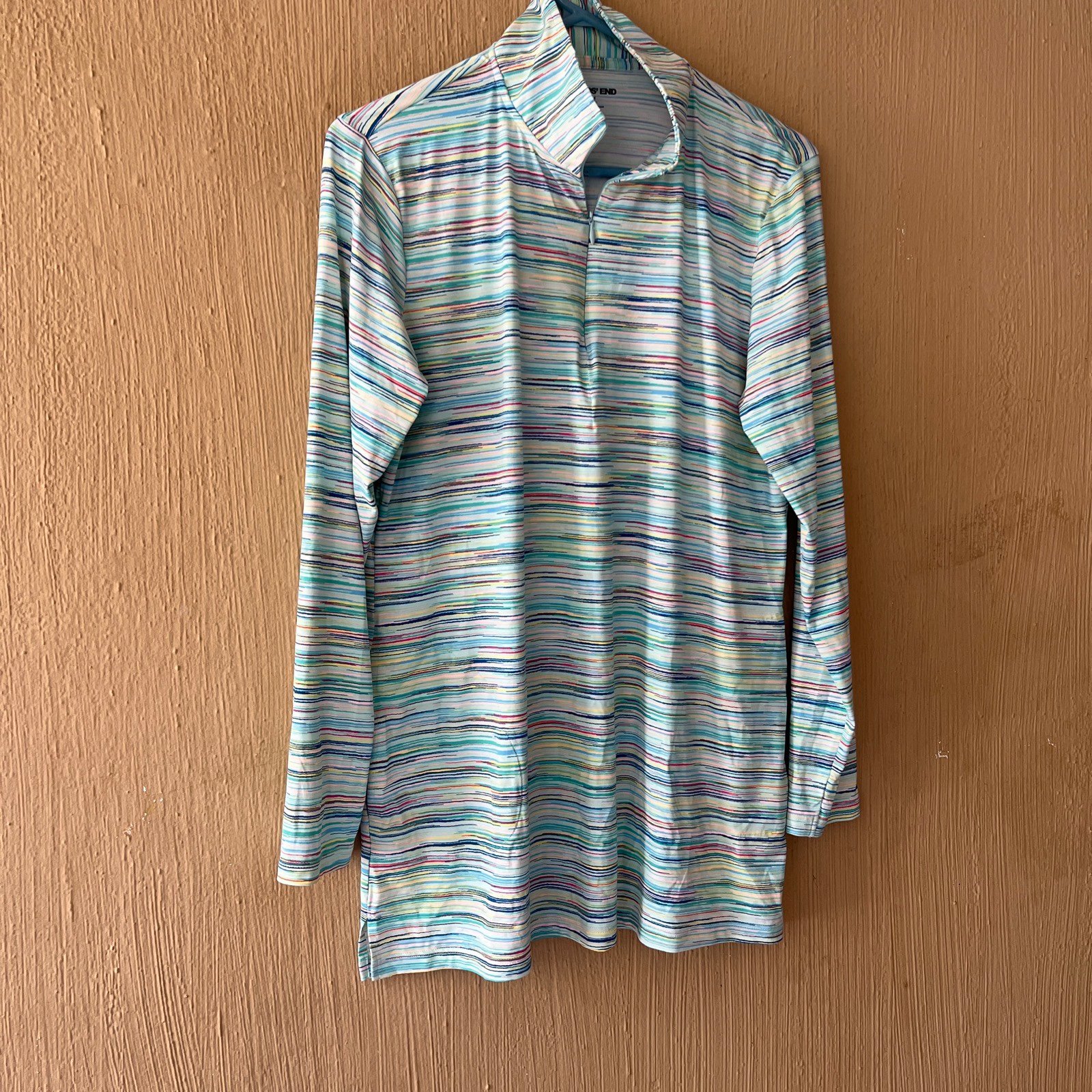 Lands End spandex shirt Blue Tie Dye Quarter Zip SWIM Cover-up MEDIUM 517362