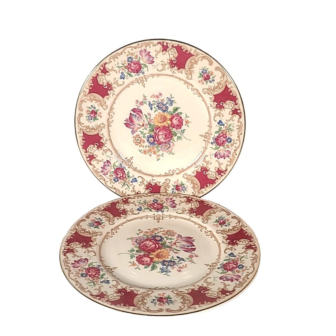 2 Vintage Old Ivory Syracuse China Romance Maroon Floral Dinner Plates - 9 3/4”