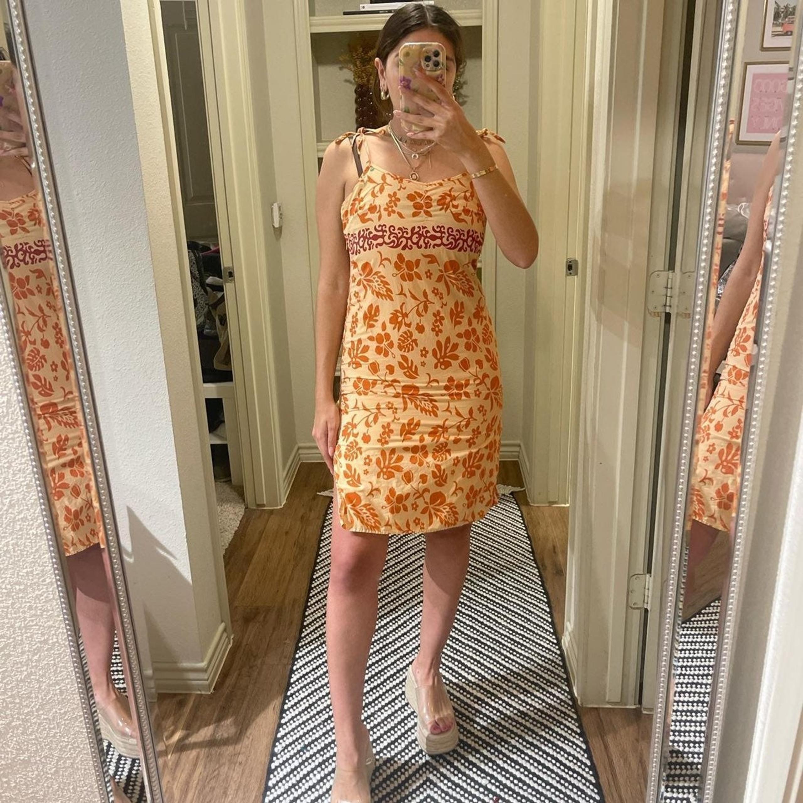 Floral orange summer 90s midi dress
