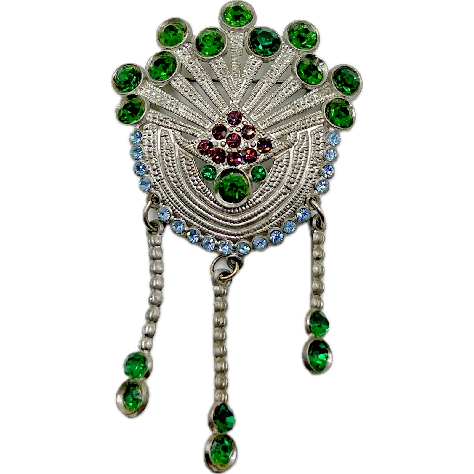 Vintage Deco Pot Metal Rhinestone Brooch Purple Blue Green Dangles Jewelry