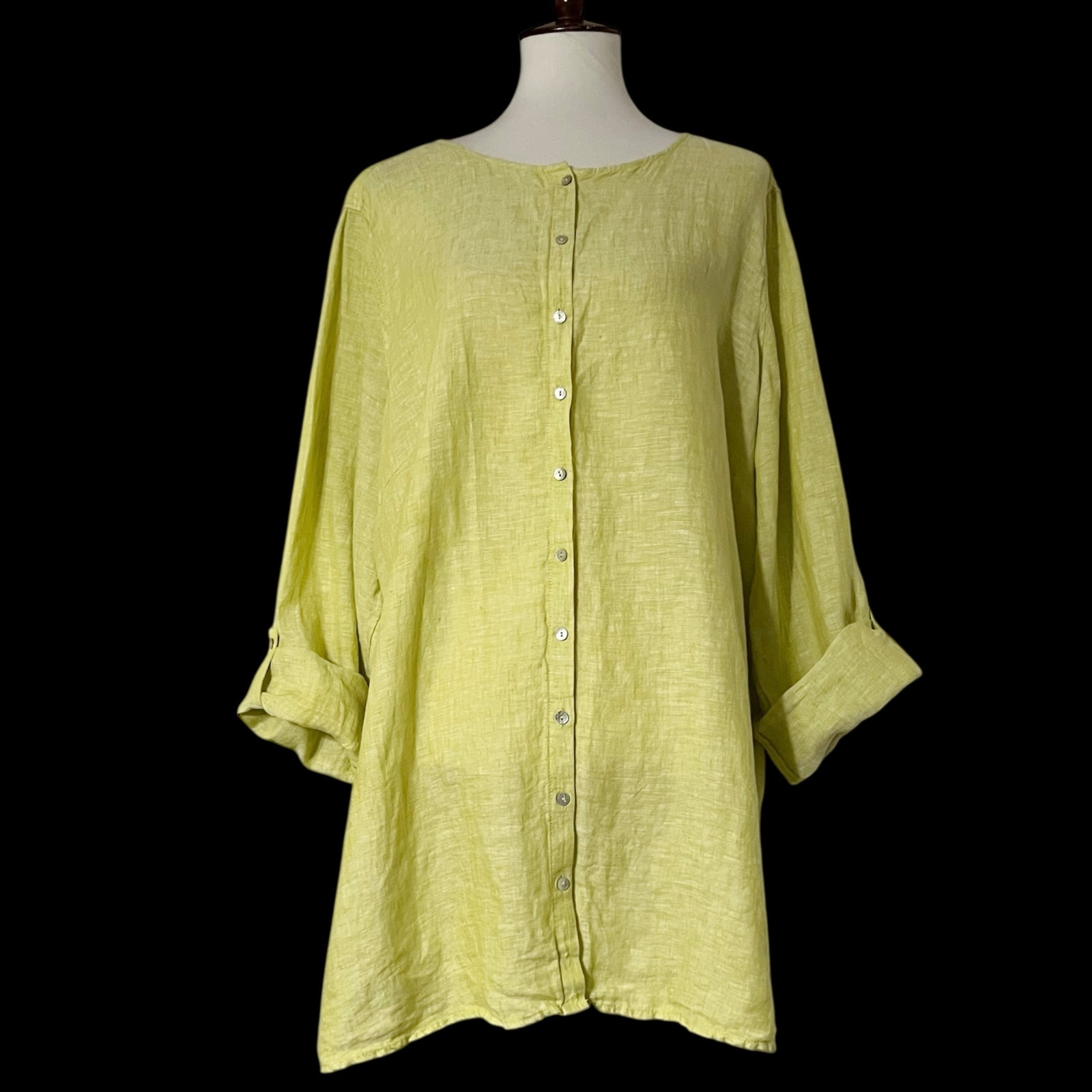 Tahari Women Yellow 100% Linen Long Sleeves Button Down Tunic Shirt Size 2X