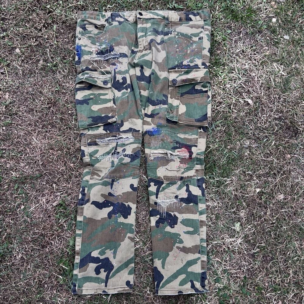 Smoke Rise Pants Mens 42/32 (40/30 ACTUAL) Camo Cargo Paint Splatter Distressed