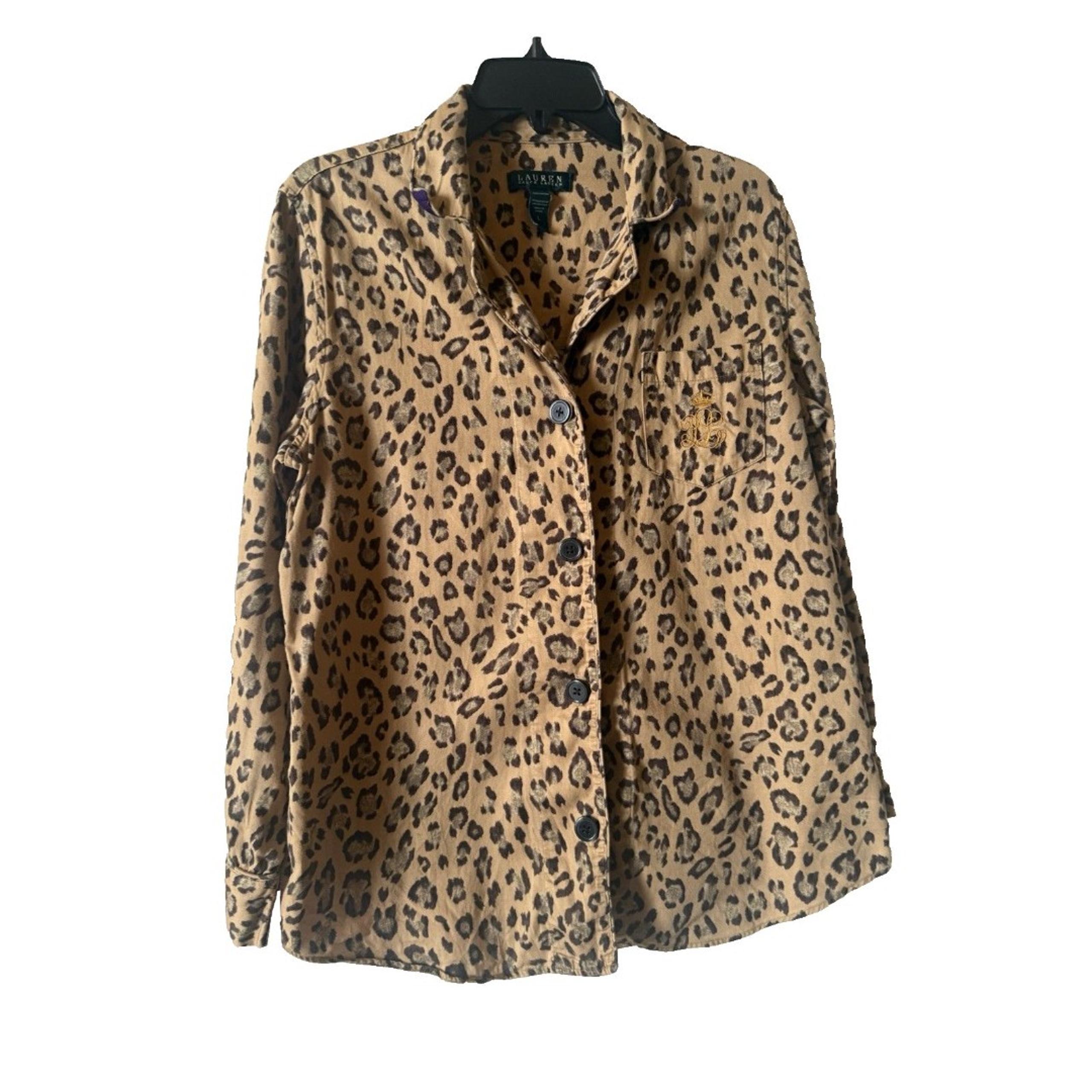 Ralph Lauren LRL Leopard Print Long Sleeve Cotton Pajama Top Size L Pocket