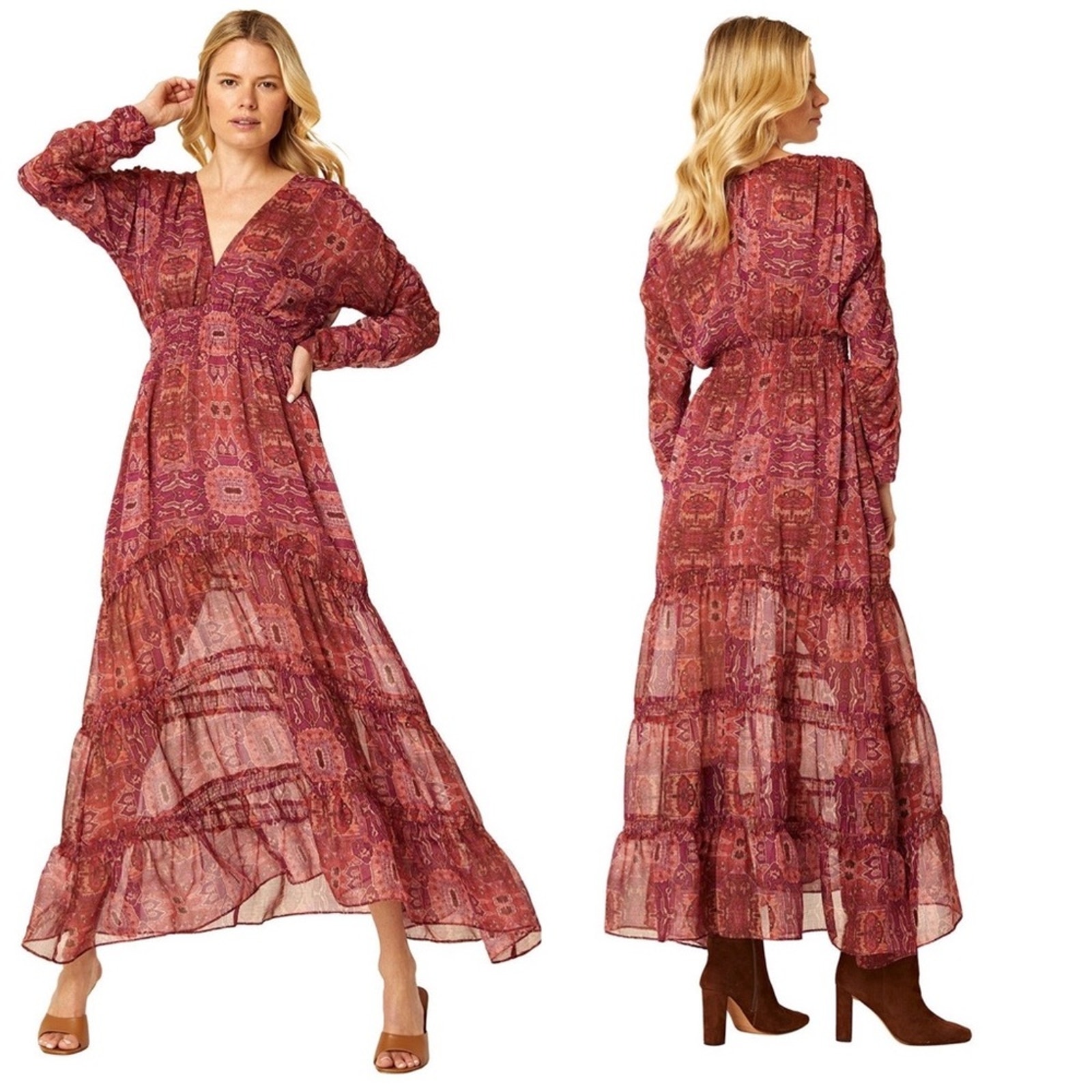 MISA Teya Maxi Dress Long Sleeves Ruffles Printed Smocked Waist Pink Small New