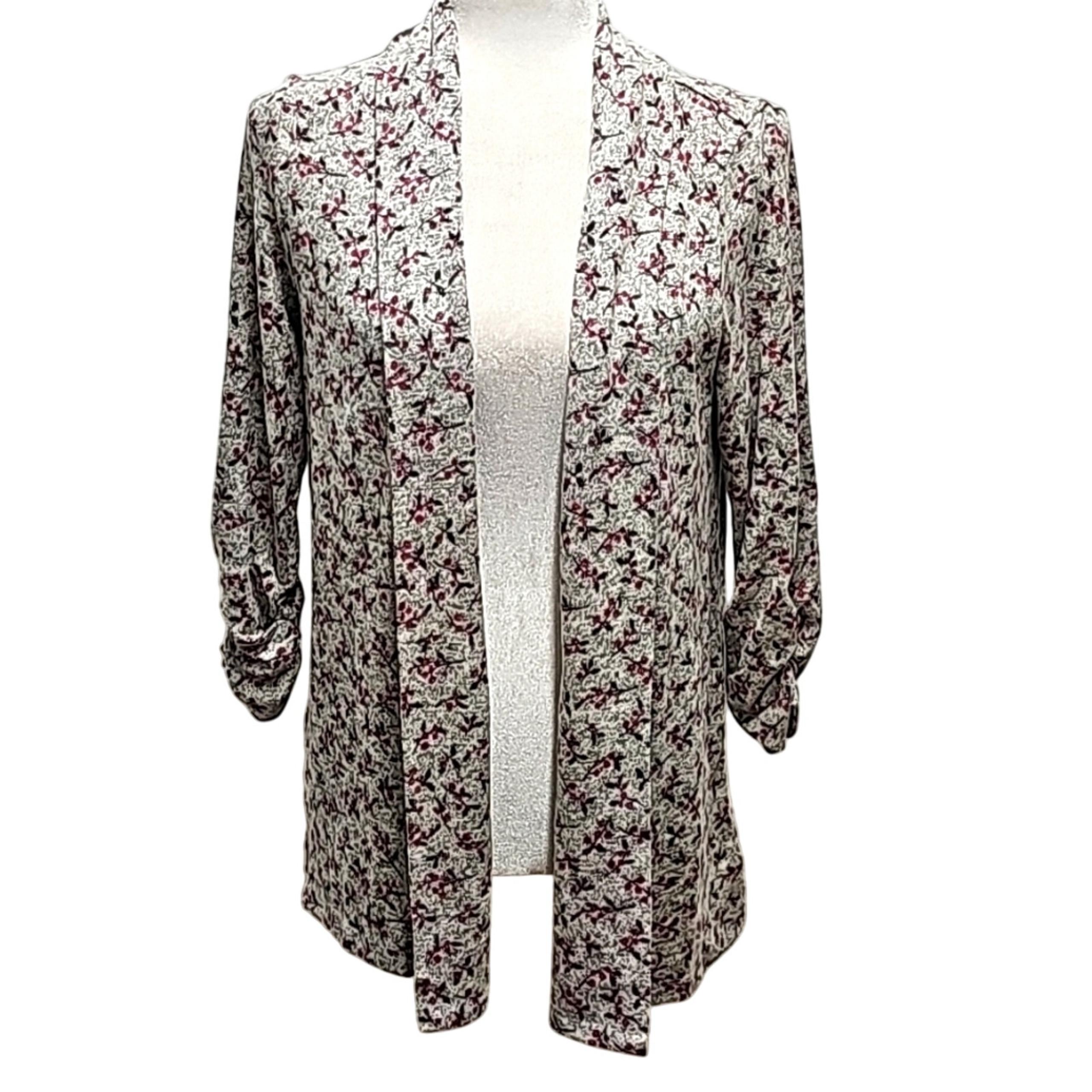 Bobeau Women Heather Gray w/Berries Open Front Cinched Sleeve Sweater Size M-NWT