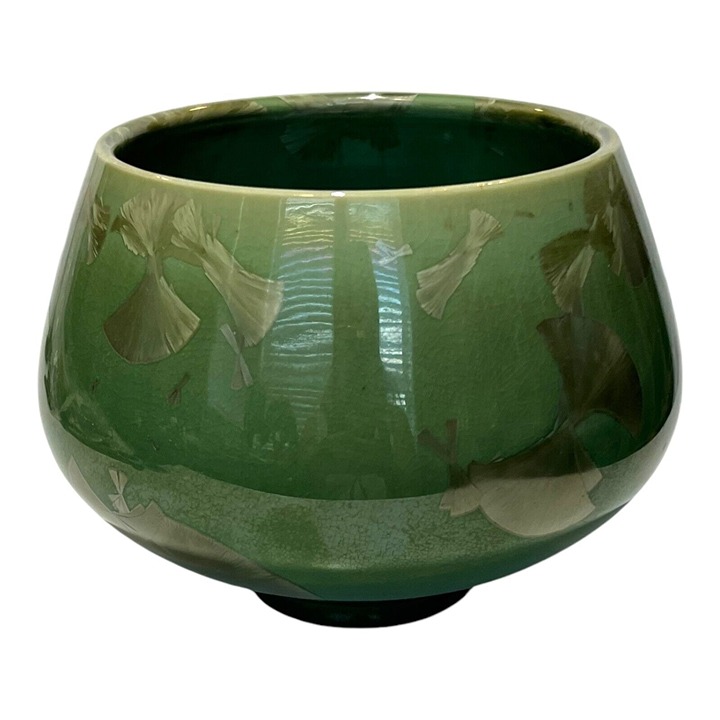 Vintage Studio Pottery Crystaline Celadon Green Bowl Vase Artist Signed Mautte