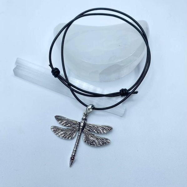 Dragonfly & Garnet Boho Silver Necklace On Leather Cord