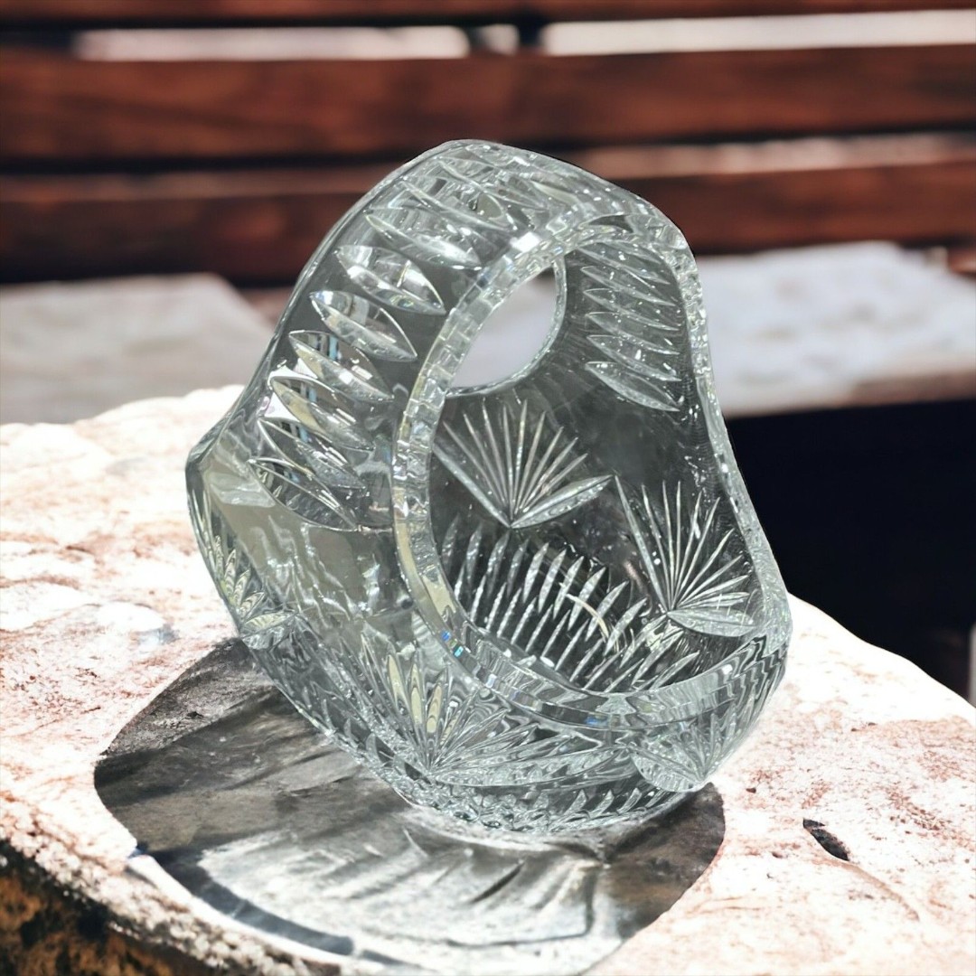 Vintage late 70's Etched Cut Crystal Basket Lismore Pattern