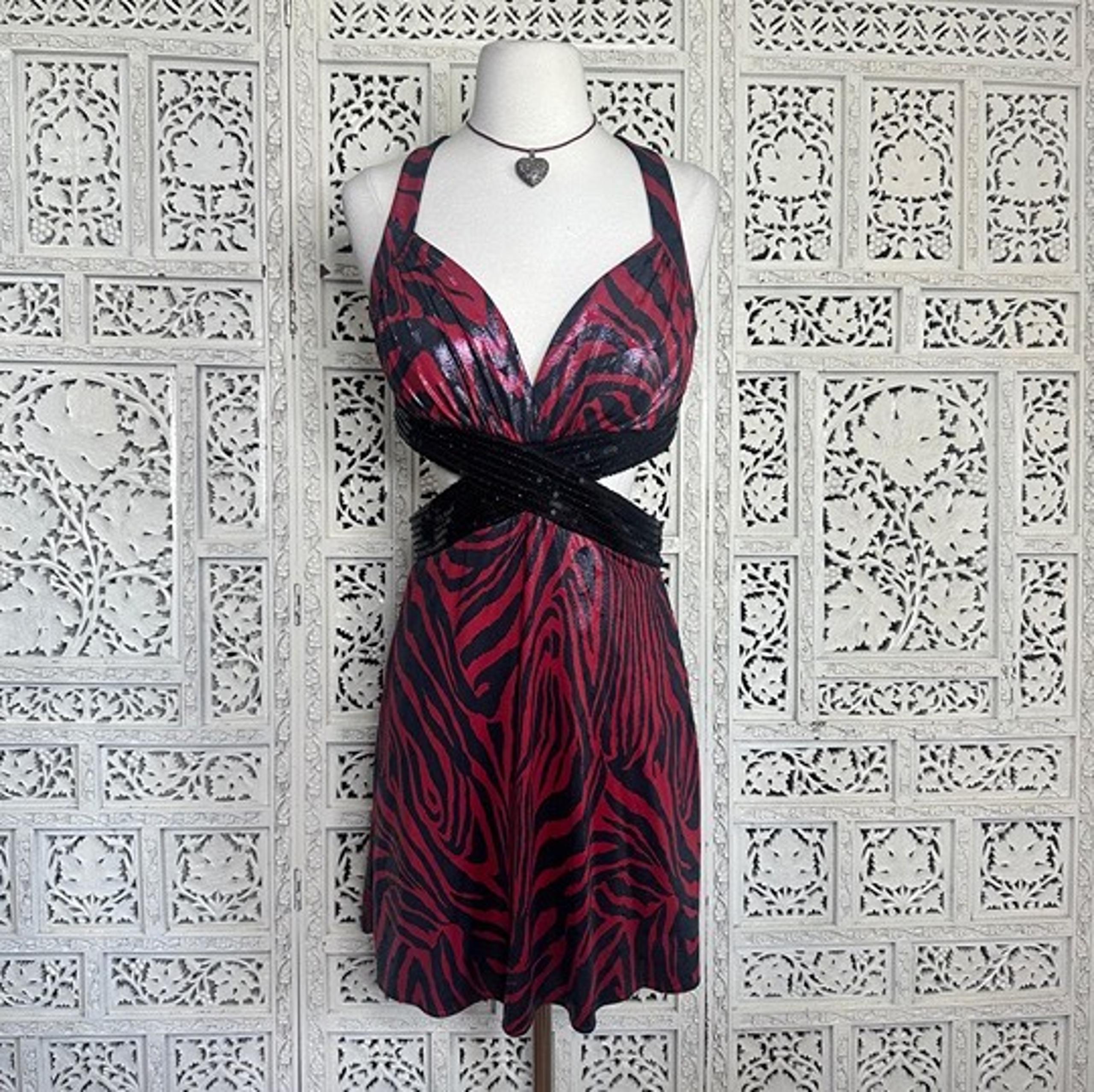 Vtg Black & Red Zebra Print Fairy Grunge Whimsy Goth Event Cocktail Dress Sz S