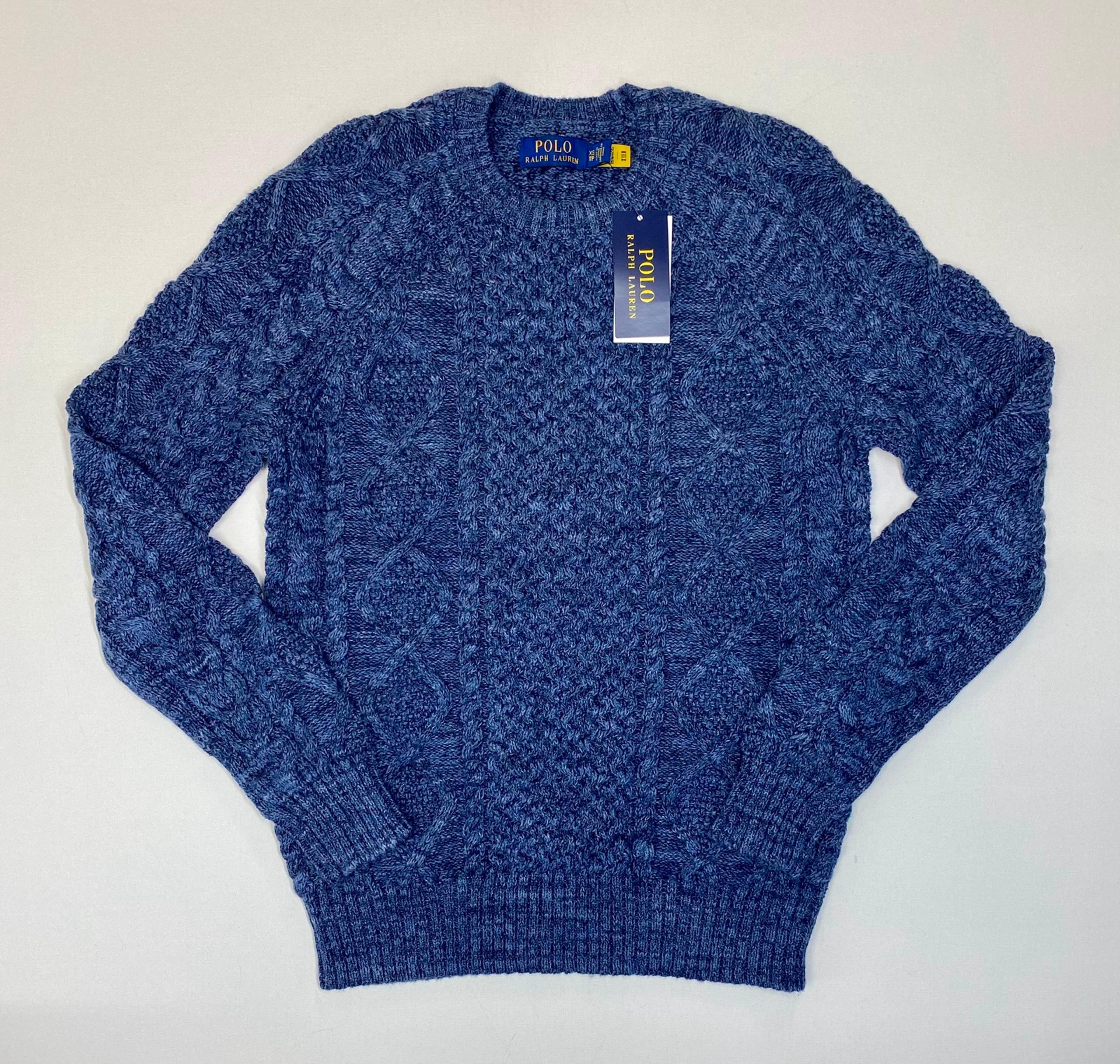 Polo Ralph Lauren Cotton Chunky Cable Knit Blue Fisherman's Sweater Mens Size XS