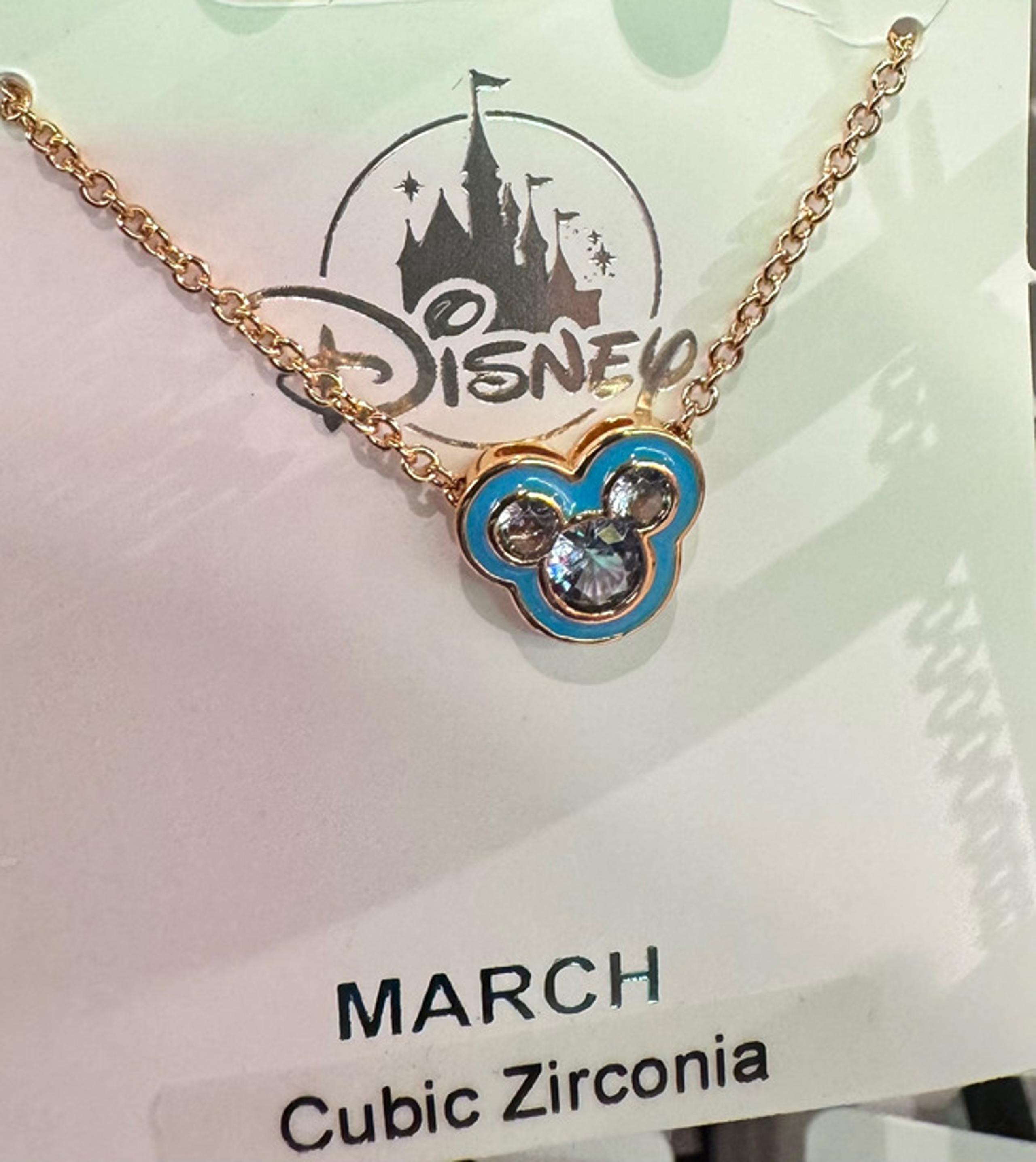 Disney Parks Mickey CZ Faux Aquamarine March Birthstone Necklace Gold Color