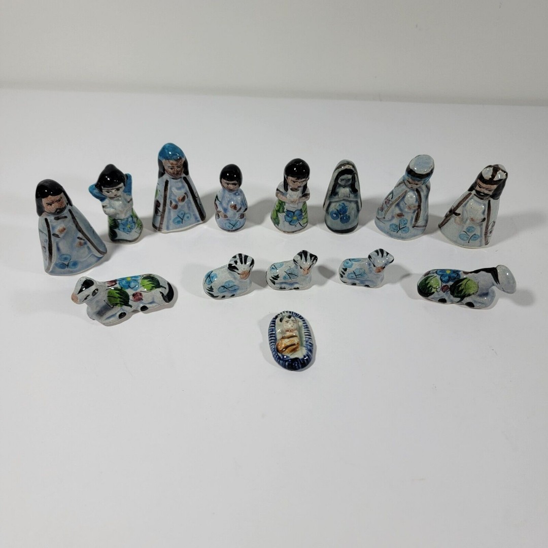 Mexican Pottery Tonala Nativity 14 Piece Set Christmas Figurines Holy Family