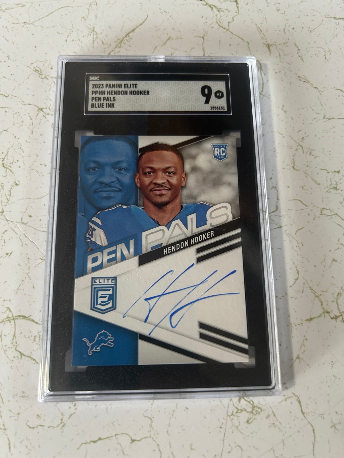 2023 Donruss Elite Pen Pals Hendon Hooker Blue Ink Rookie Auto SGC 9 Lions