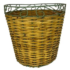 Woven Wicker and Green Wire Waste Basket Country Farmhouse Trash Can Vtg 80s