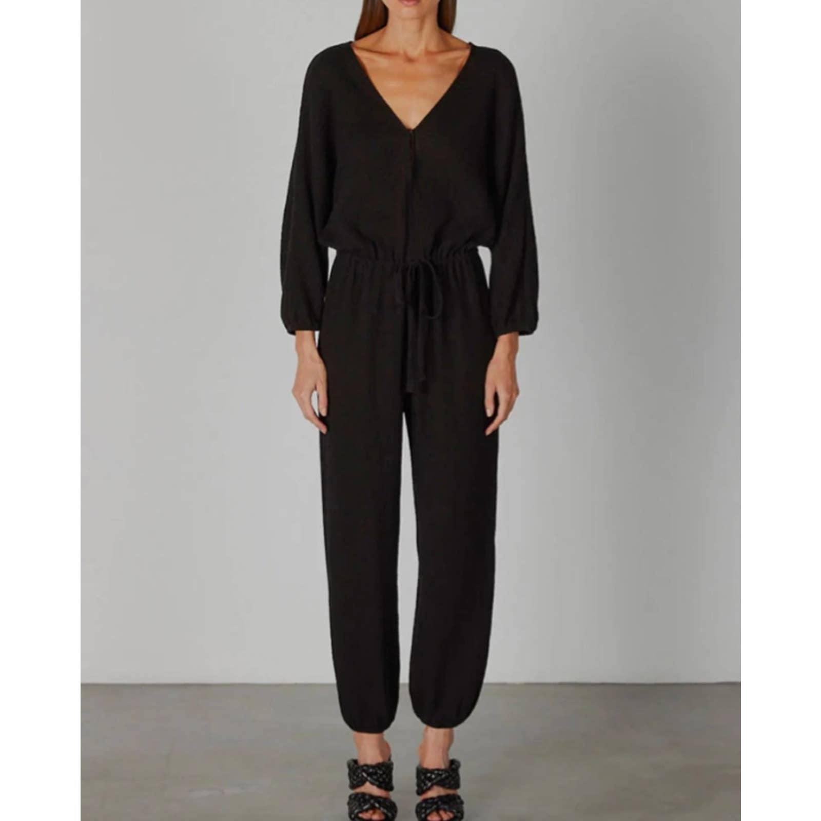 ENZA COSTA Jumpsuit Womens Small 1 Black Cotton gauze Long Sleeve NEW **Flaw