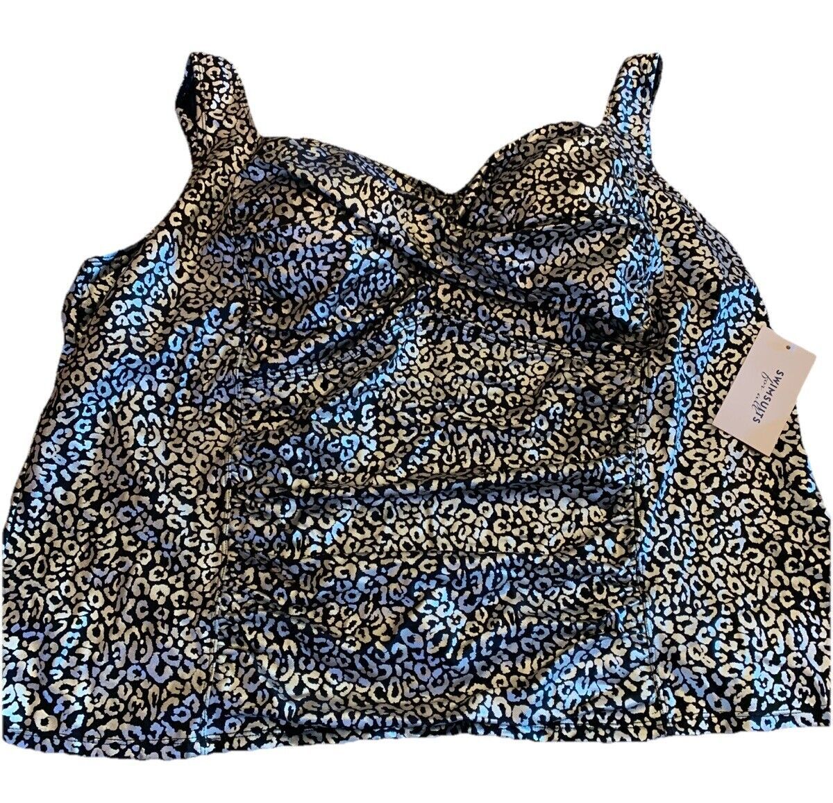 New Swimsuits For All Tankini Top Sz 32 Plus Size Knotted Shelf Bra Black Silver