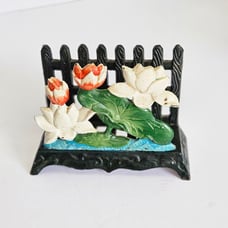 VTG Handpainted Cast Iron Napkin Mail Holder Tulips Pond Lily Picket Fence