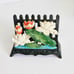 VTG Handpainted Cast Iron Napkin Mail Holder Tulips Pond Lily Picket Fence