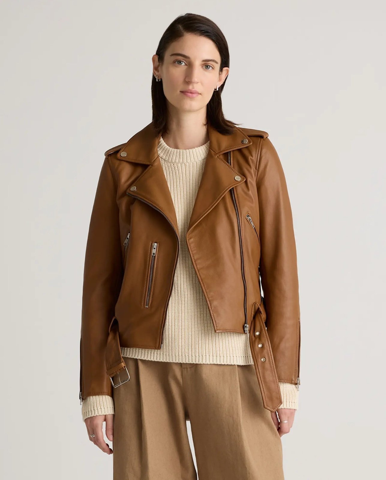 NWT Quince 100% Leather Motorcycle Jacket Women’s Cognac brown Small