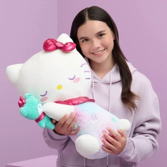 Hello Kitty Sleeping Plush With Teddy Bear 18 Rainbow Pastel & Metallic Bow Sof