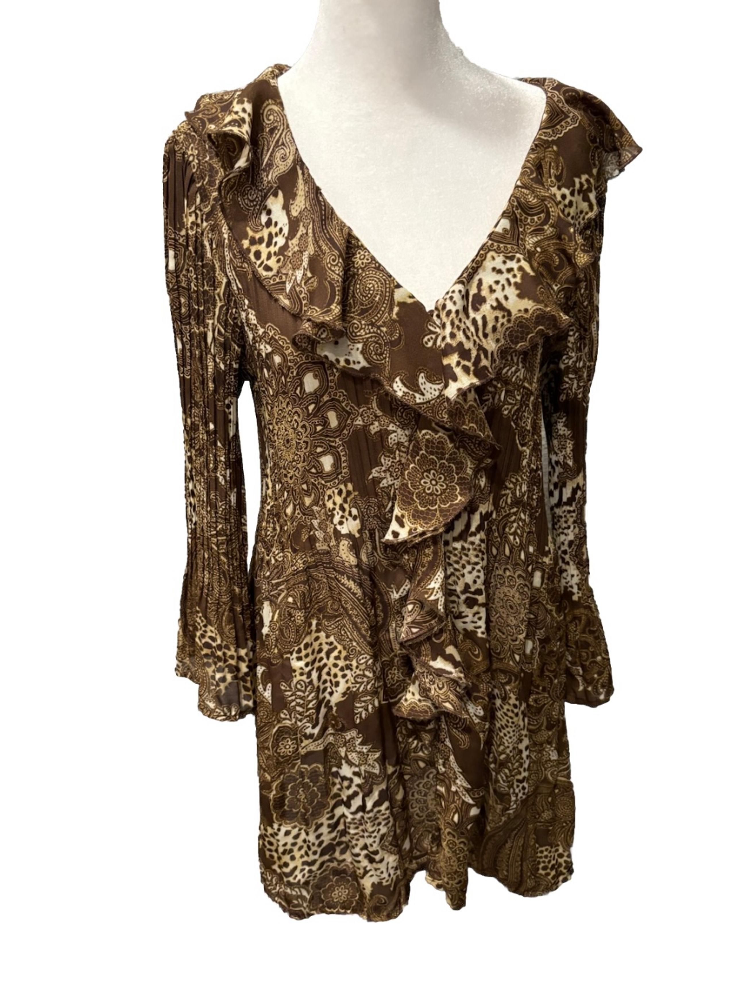 Sunny Leigh Y2K cheetah floral bell sleeve ruffle dress