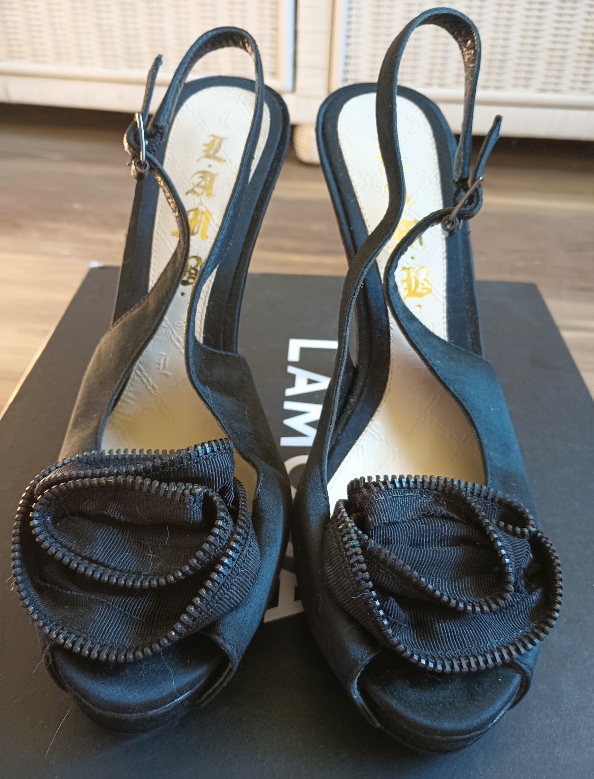 L.A.M.B. LAMB Heels Women 8 Black Satin Zipper Rose Stiletto Gwen Stefani