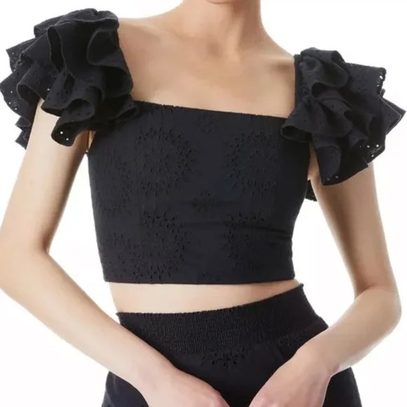 ALICE + OLIVIA Black Eyelet Ruffled Sleeve Crop Top 8