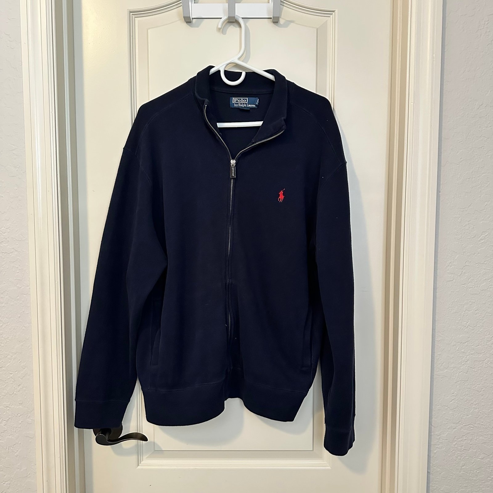 Polo Ralph Lauren Full Zip Sweater Jacket Sz Large Men’s Navy Blue Red Pony