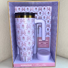 1-NIB HYDRAPEAK LIMITED EDITION VINTAGE LAVENDER PINK BOW FLORAL VOYAGER TUMBLER
