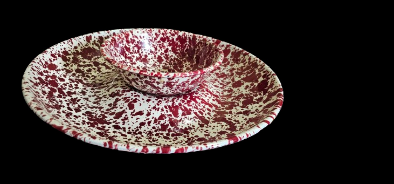 Red & White Splatter Enamelware Chip Bowl 11.5 Center Dip Bowl 5.5