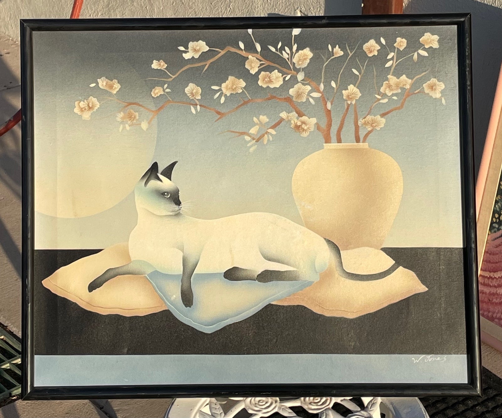 Antique handmade cat painting with frame by W. Jones