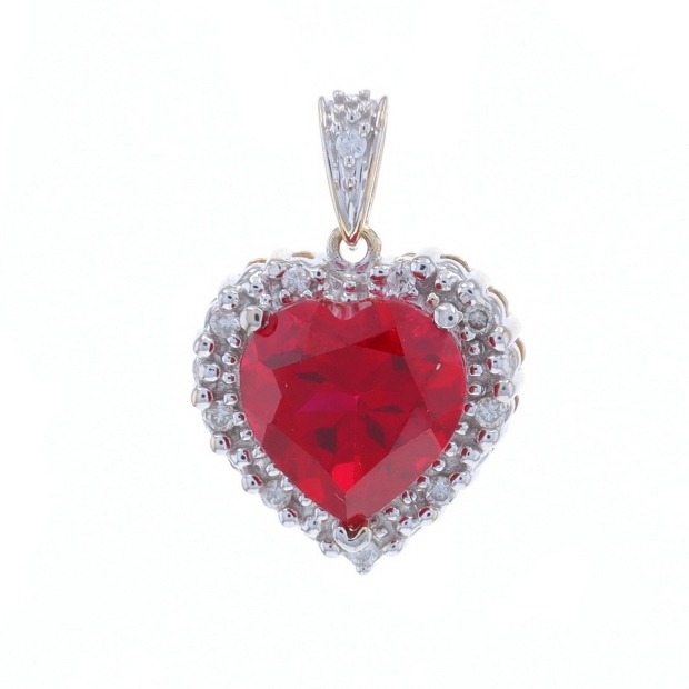 Yellow Gold Lab-Created Ruby Diamond Heart Halo Pendant 10k Heart 4.13ctw B4596