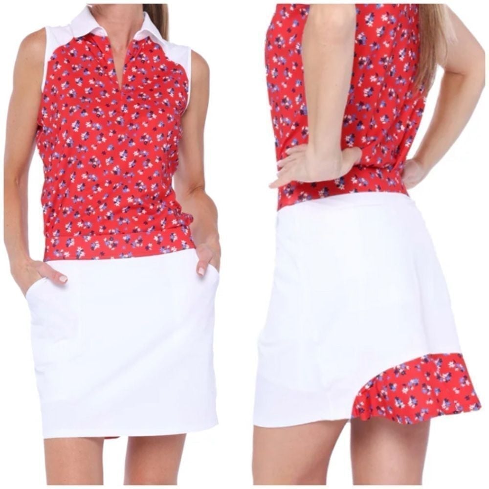 NWT Belyn Key Ruffle Golf Skort In American Beauty White/Red Size Small