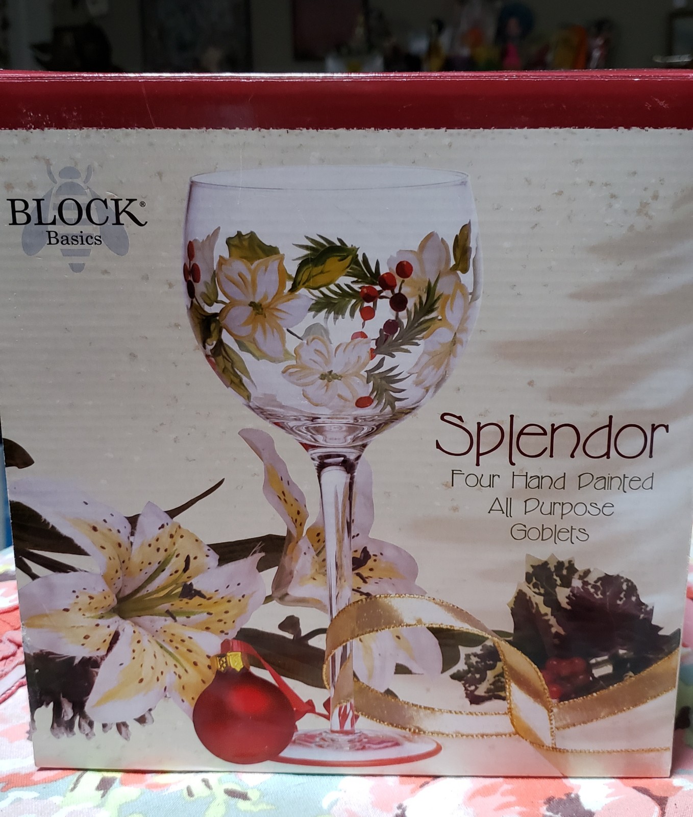 SET OF (4) BLOCK BASICS SPLENDOR ALL PURPOSE HAND PAINTED WINE GLASSES GOBLETS