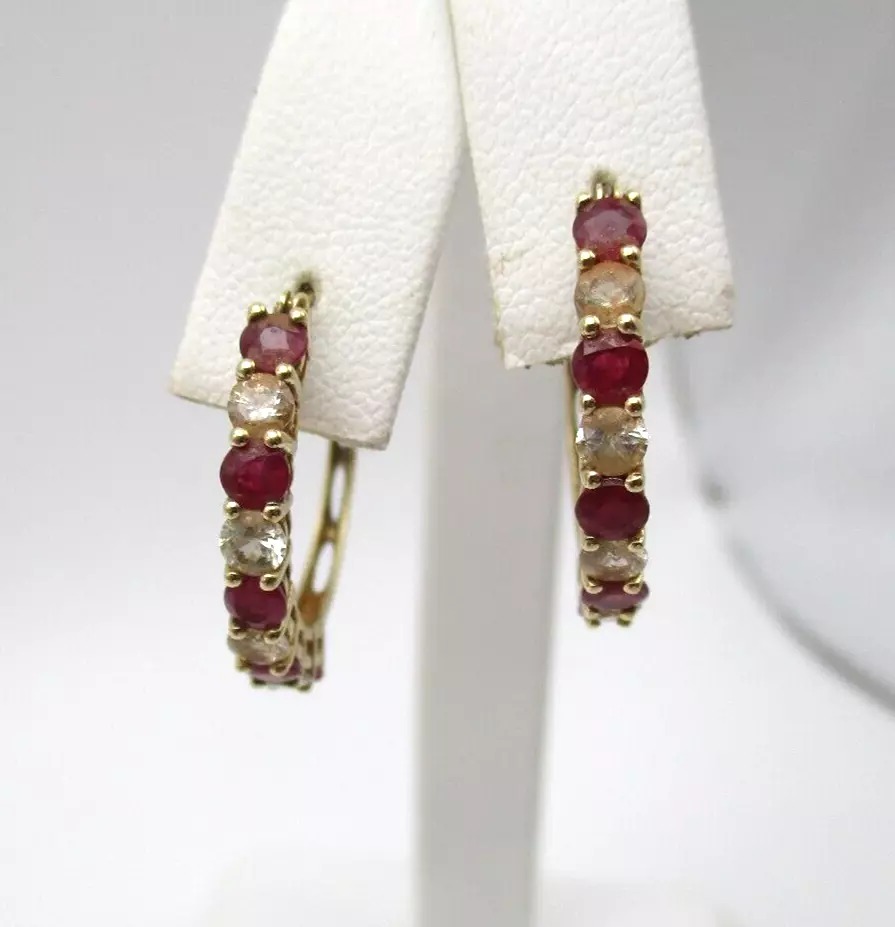 10K Yellow Gold Ruby & White Topaz Hoop Earrings .80 [E246]